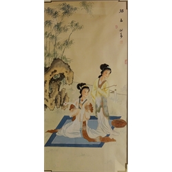  Oriental silk painting depicting two Female Figures in a Rural Landscape 76.5cm x 37.5cm  