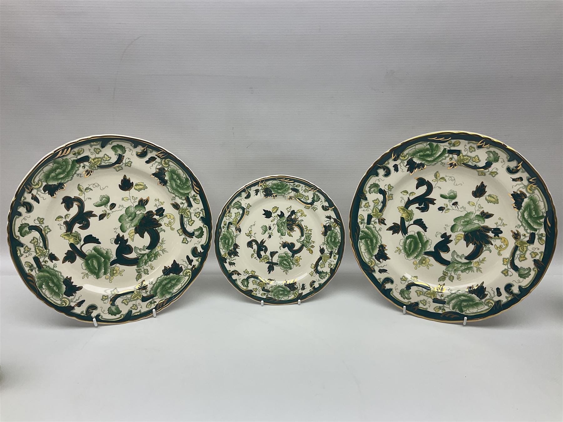 Collection of Masons Ironstone Chartreuse pattern, to include clock, six teacups, twin handled dish, ring dish, plates vases, etc, many with original boxes, clock H24cm 
