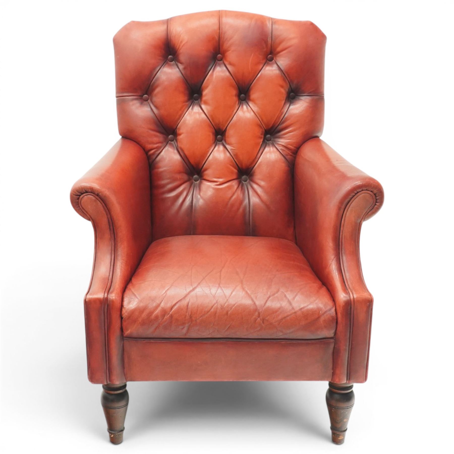 Laura Ashely - Georgian design Chesterfield style armchair, upholstered in back-buttoned crimson leather, on turned front supports