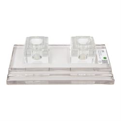 RCR lead crystal Art Deco style desk stand, with two square inkwells and two pen trays, H7cm, W28cm
