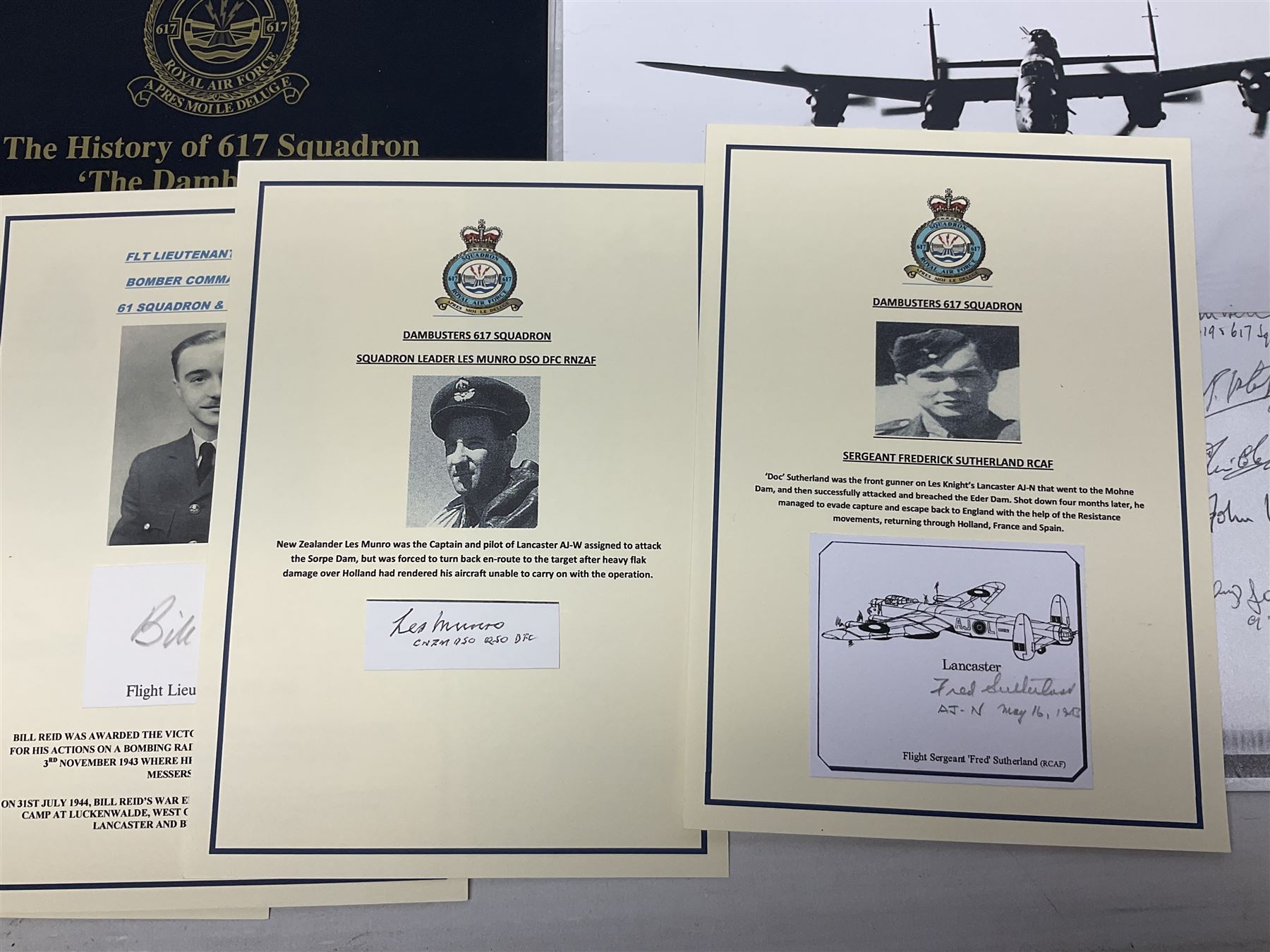 Dambusters 617 Squadron memorabilia - three signed photographs of Lancaster aircraft in flight, group photograph, copy of Vickers-Armstongs letter and drawing from Barnes Wallis, The History of 617 Squadron by Sqn. Ldr. S.J. Hillier, facsimile sets of signatures, FDCs, sheet music, Richard Todd signed photograph and greeting card, etc