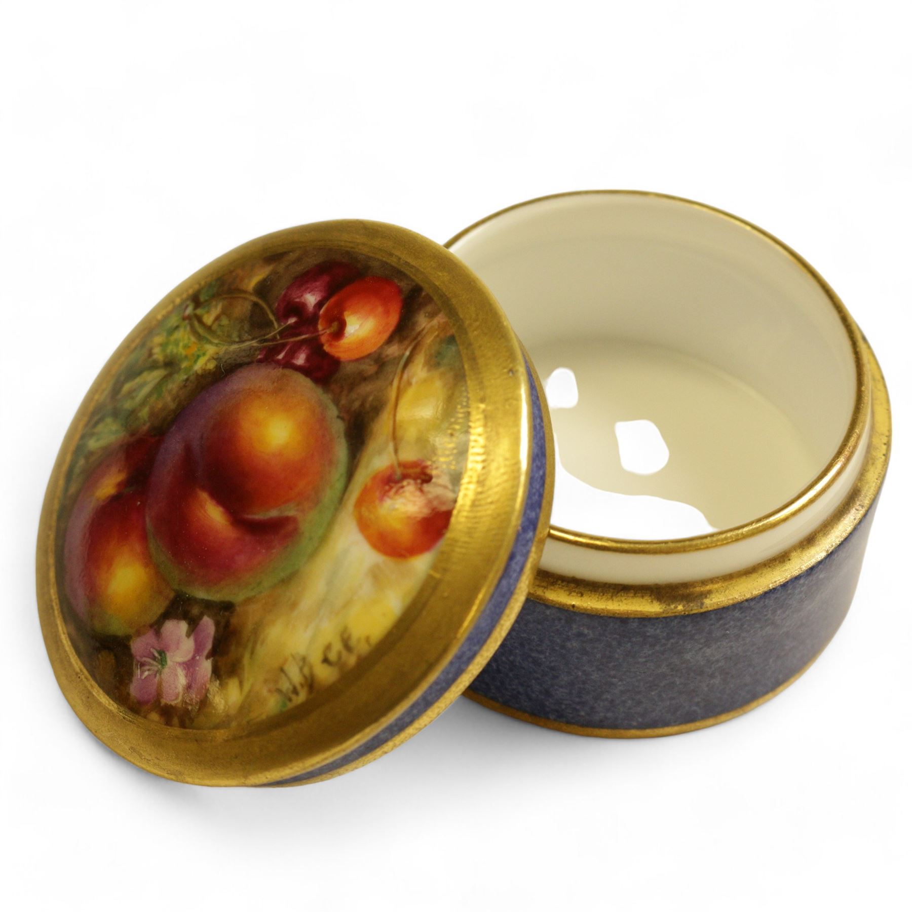 Royal Worcester pill box and cover, hand painted with apples and cherries to the lid, shape no 2781, signed W.Bee 