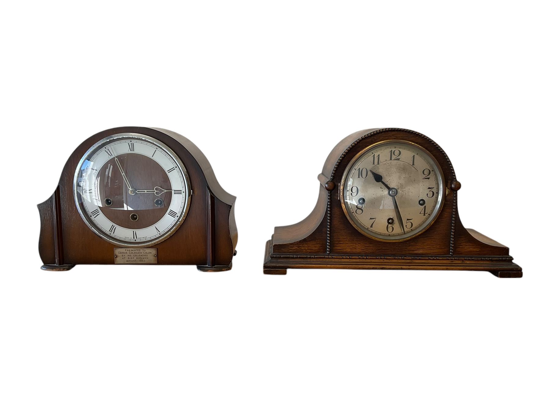 Two 8-day Westminster chiming mantle clocks with three train movements. With pendulums and keys.
