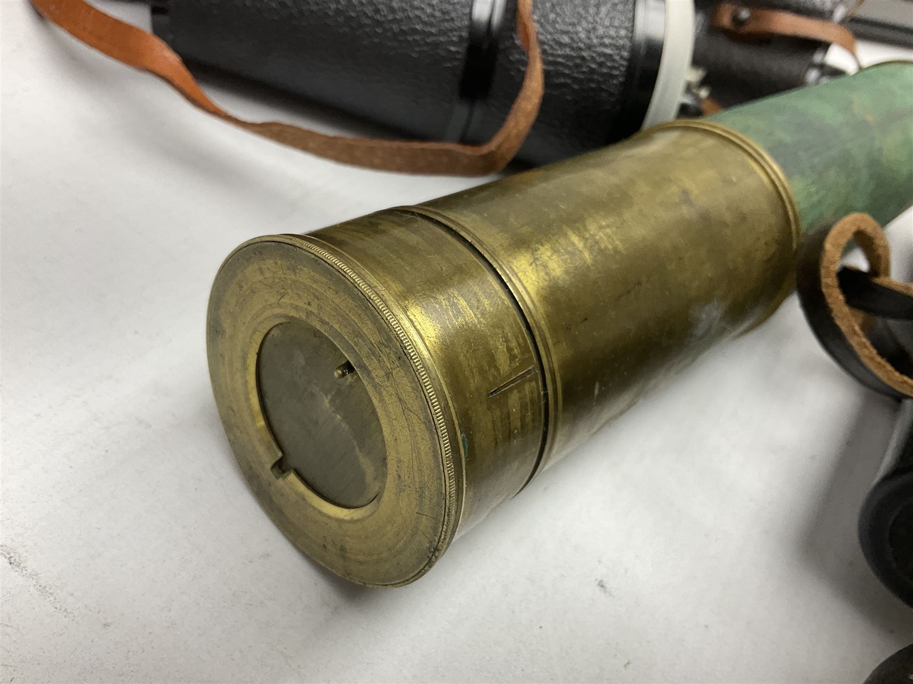 Brass telescope, together with Zenith 7 x 50 field binoculars, two polaroid cameras and other cameras and equipment 