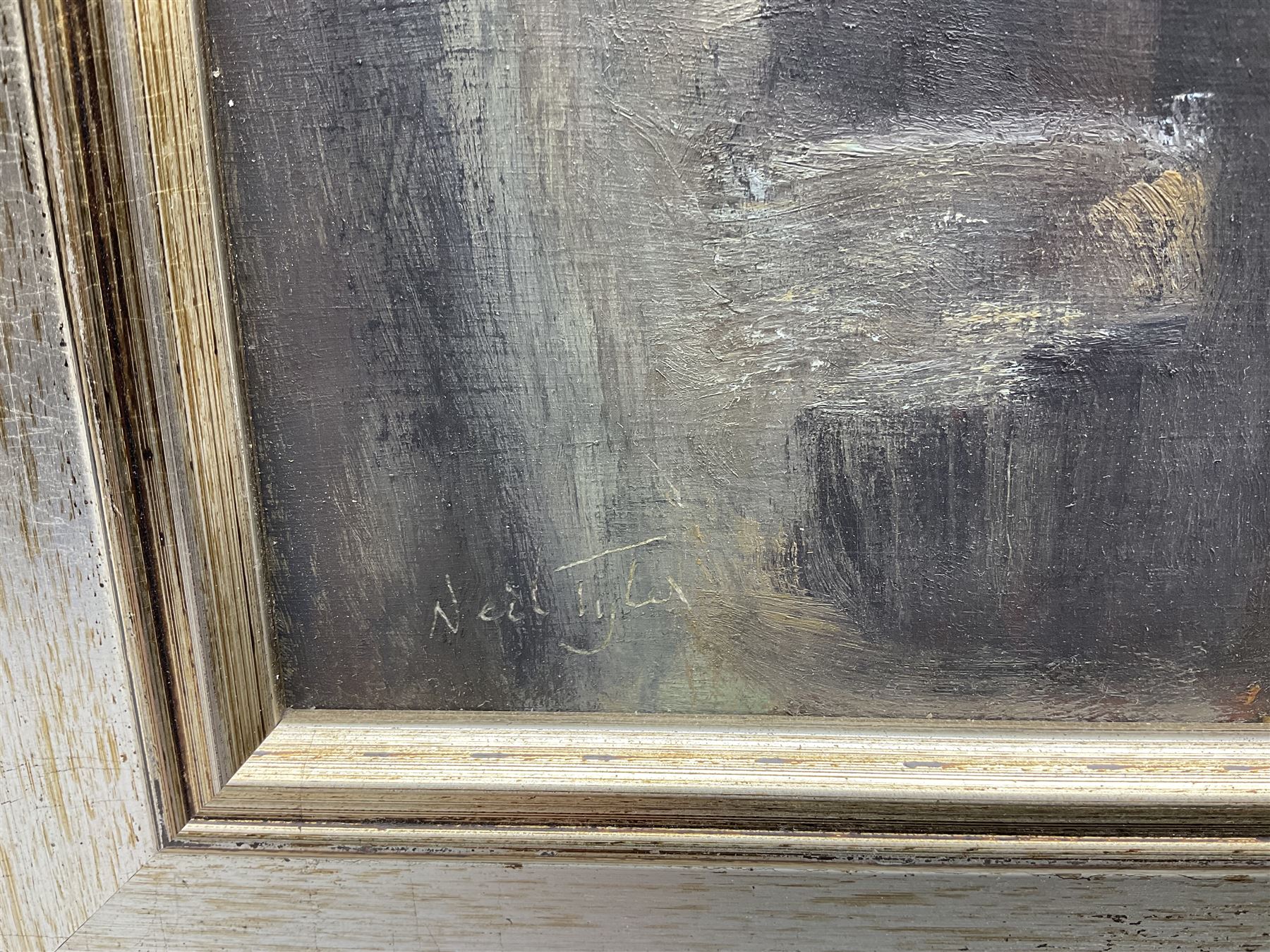 Neil Tyler (British 1945-): 'East Coast Trawler' in Scarborough Harbour, oil on board signed, titled on label verso 40cm x 50cm