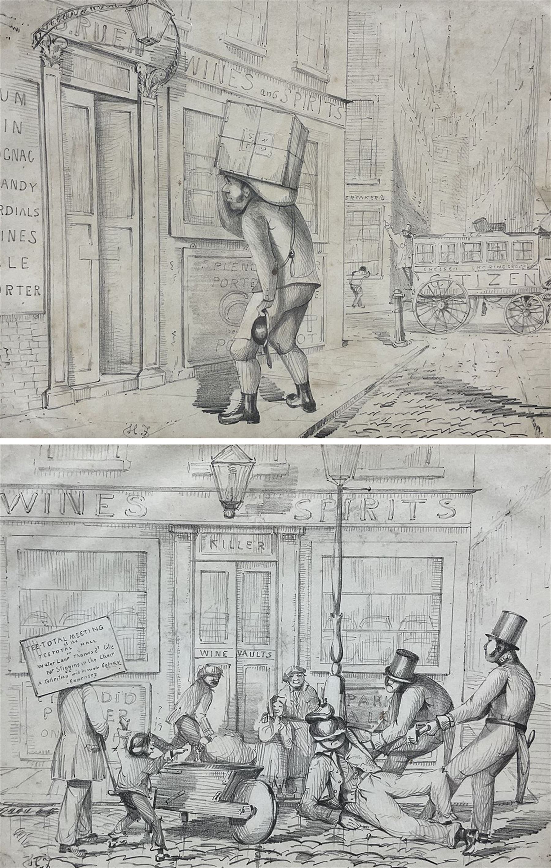 English School (Mid 19th century): Temperance Movement Cartoons, pair pencil drawings signed with indistinct monogram, possibly HF or HJ 19cm x 25cm (2)