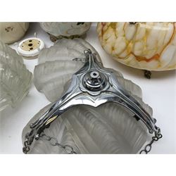 Two Art Deco mottled glass fly catcher ceiling light shades, together with two other 1930s moulded glass ceiling light shades and two Victorian style wash jugs, largest shade D33cm