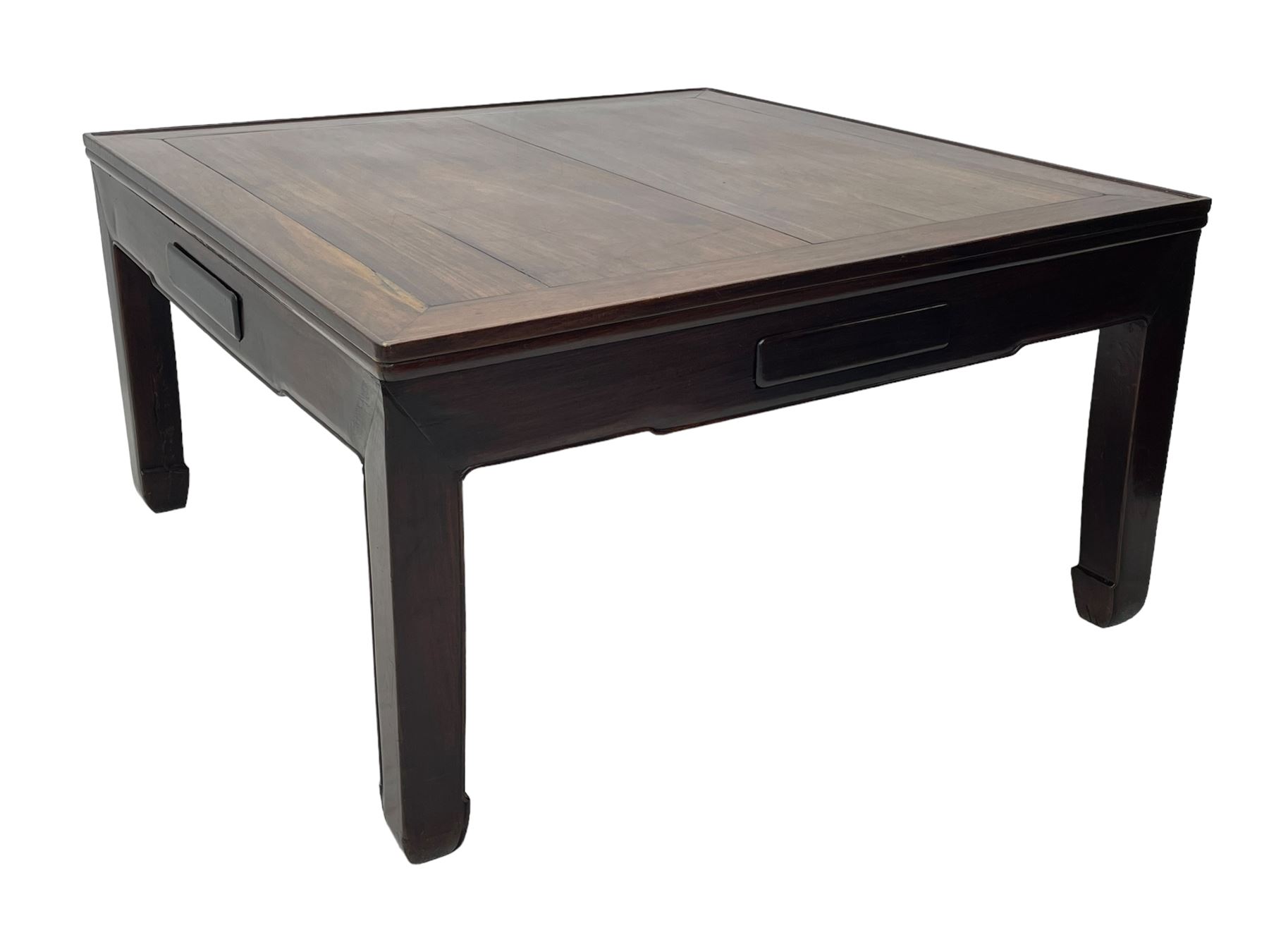 Fine 19th century Chinese Qing dynasty hmong wood mahjong or coffee table, Ming design, square top with raised moulded lip, each side fitted with small drawer, on square supports with hoof feet