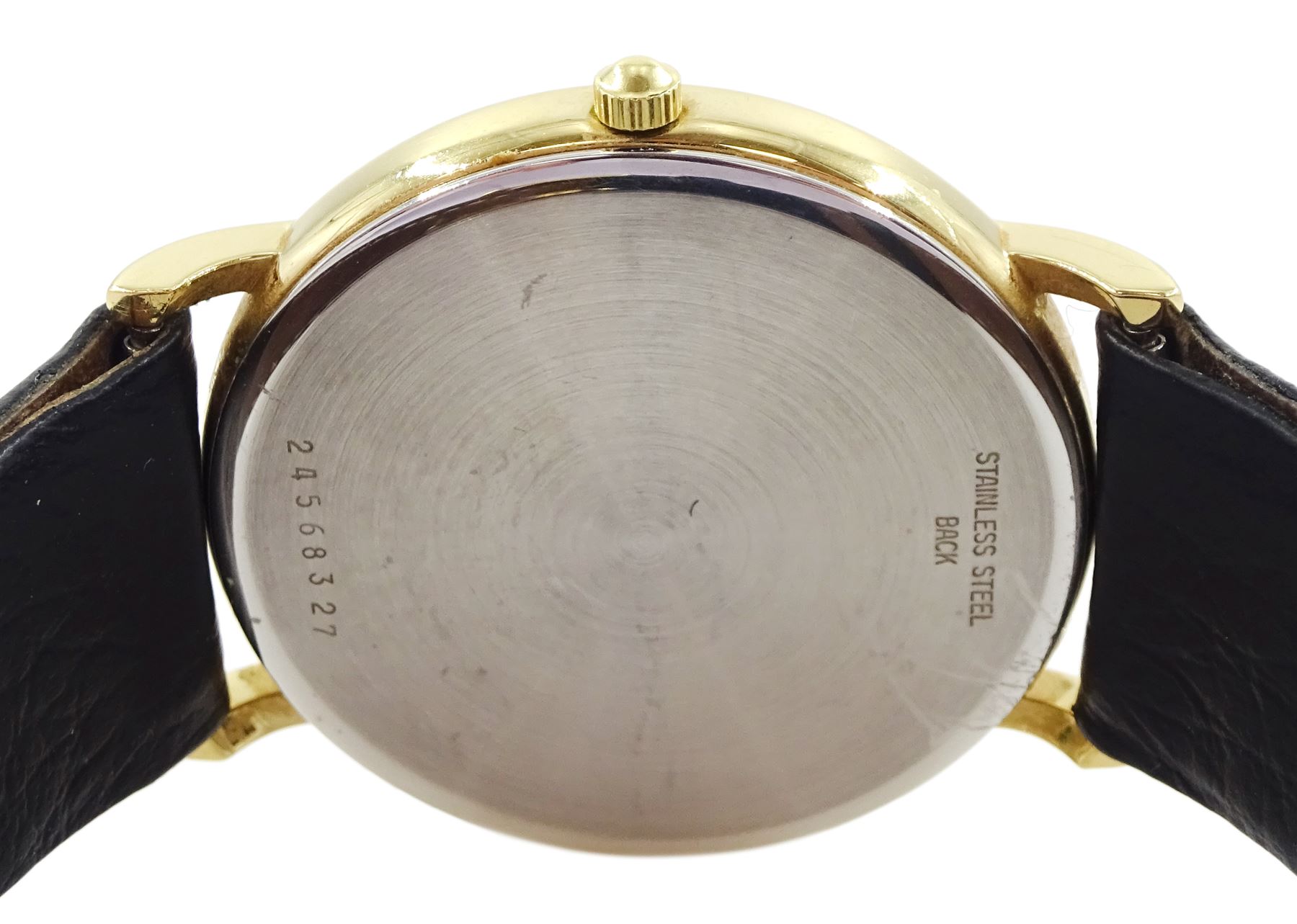 Longines Presence gentleman's gold-plated and stainless steel quartz wristwatch, champagne dial with baton hour markers and date aperture, on black leather strap, boxed