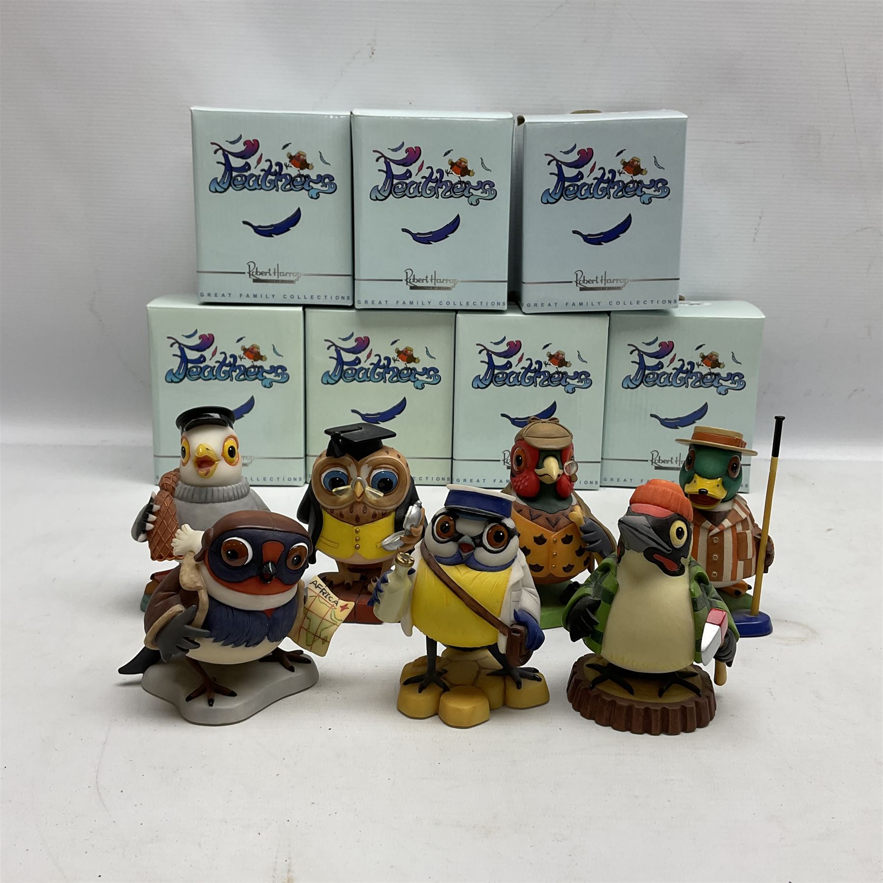 Seven Robert Harrop figures from the Feathers collection, modelled as anthropomorphic birds comprising Blue Tit Milkman, Mallard Boatman, Pheasant Lord of the Manor, Owl School Master, Woodpecker Forester, Swallow Aviator and Seagull Fisherman, all with original boxes