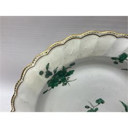 Mid 18th century Chelsea plate with gold anchor mark beneath, decorated with green floral sprays upon plain ground, the moulded cavetto shaped border with gilt rim, (A/F), D22cm, together with early 20th century Adams Tunstall Tokio pearlware slop bowl, Spode plate decorated in the Imari type pallette, with impressed and printed marks beneath, 19th century Indian Tree pattern breakfast cup and saucer, small polychrome enamelled vase and cover in the style of Samson of Paris, with marks beneath, and a pastille burner