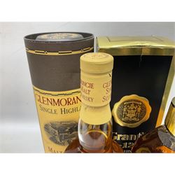 Glenmorangie, ten year old Scotch whisky, 1 litre 43% vol, Grant's twelve year old Scotch whisky 1 litre, 43 G.L and Johnnie Walker Black Label, twelve year old Scotch whisky, 1 litre 43% vol, all boxed (3)