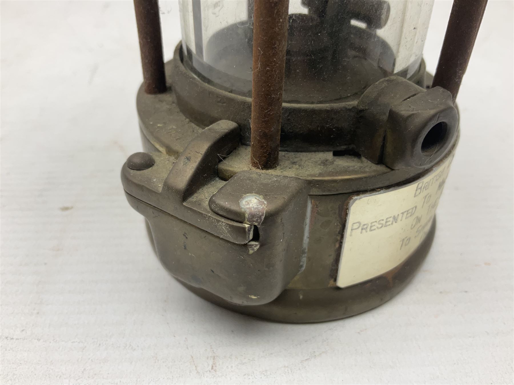Miners Lamp The Protector, Eccles no 3533, with engraved plaque, H26cm