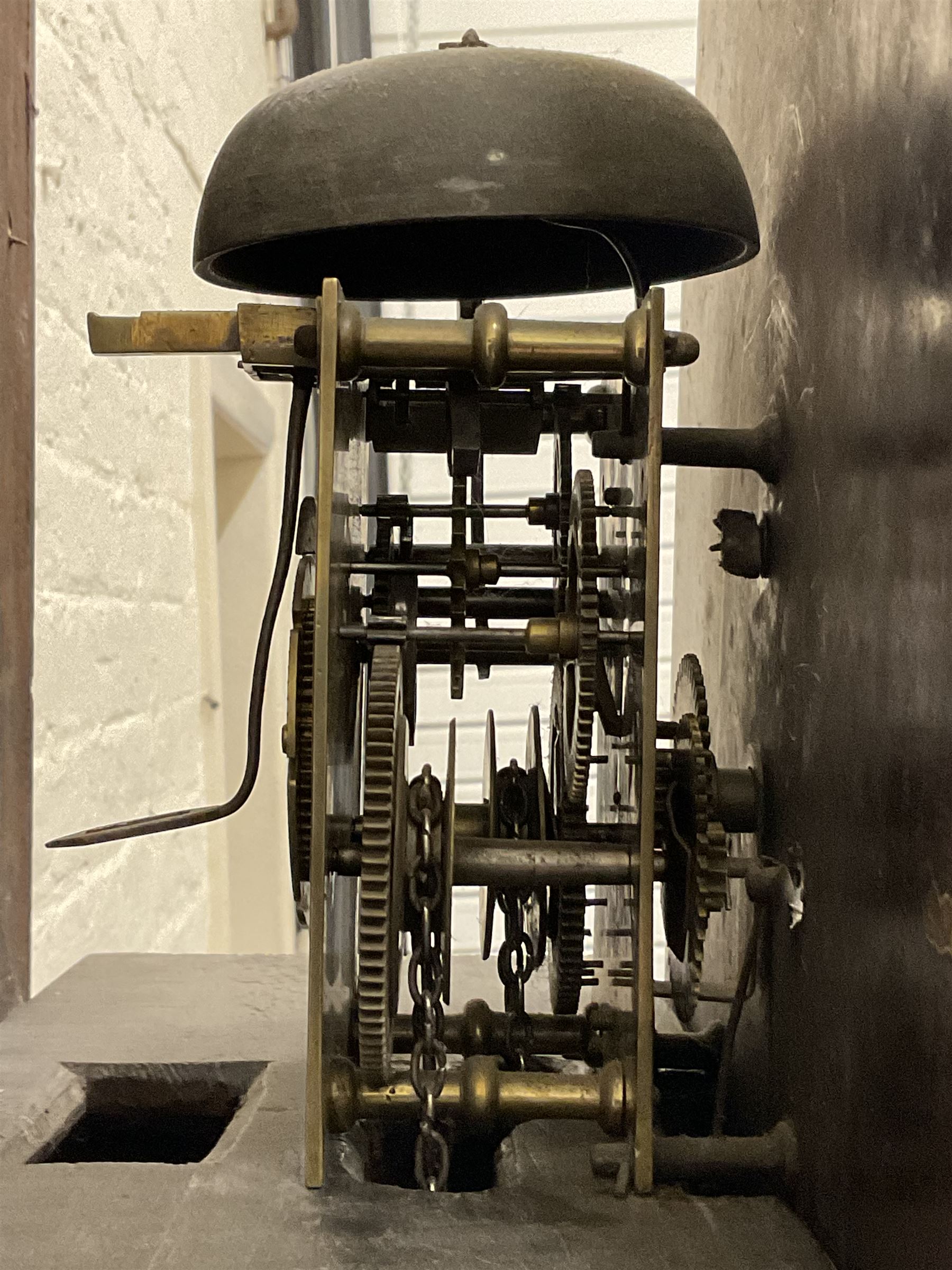 Joseph Richmond of York -  late19th century mahogany cased 30 hr longcase clock, with a swans neck pediment, break arch hood door flanked by ring turned pilasters, broad trunk with part-length recessed pillars and a short trunk door on a broad plinth with a recessed panel, fully painted dial with depictions of country cottages to the spandrels and break arch, with Roman numerals and minute track, stamped brass hands, dummy winding arbors and dummy seconds hand, dial pinned directly to a chain driven count wheel striking movement, striking the hours on a bell. With pendulum and weight.
Joseph Richmond of Fossgate was a respected clockmaker in 19th century York, maintaining the clocks in York Minster and other civic buildings in York.