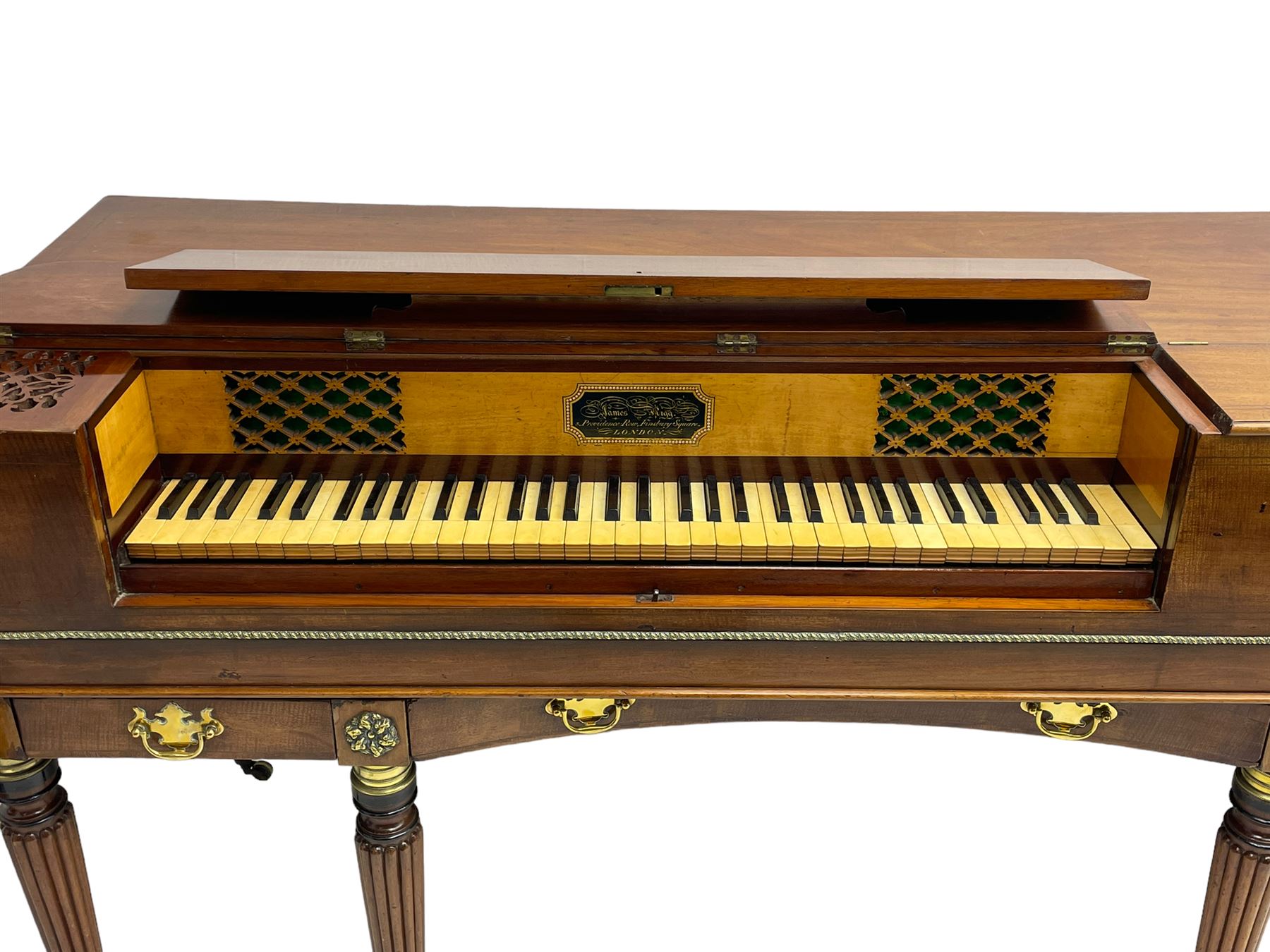 James Rigg, London -early 19th century mahogany and maple square piano c1817, with a 68 key compass (A-C) original hammers, jacks and felt, satinwood interior with ebony and ivory keys, the fretwork interior back inscribed 'James Rigg, 3 Providence Row, Finsbury Square, London', decorated with twist gilt metal edging, fitted with three drawers, on Gillows design turned and reeded supports with brass cups and castors.

This item has been registered for sale under Section 10 of the APHA Ivory Act