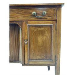 19th century inlaid mahogany sideboard, fitted with two drawers and two cupboards, centre tambour roller doors