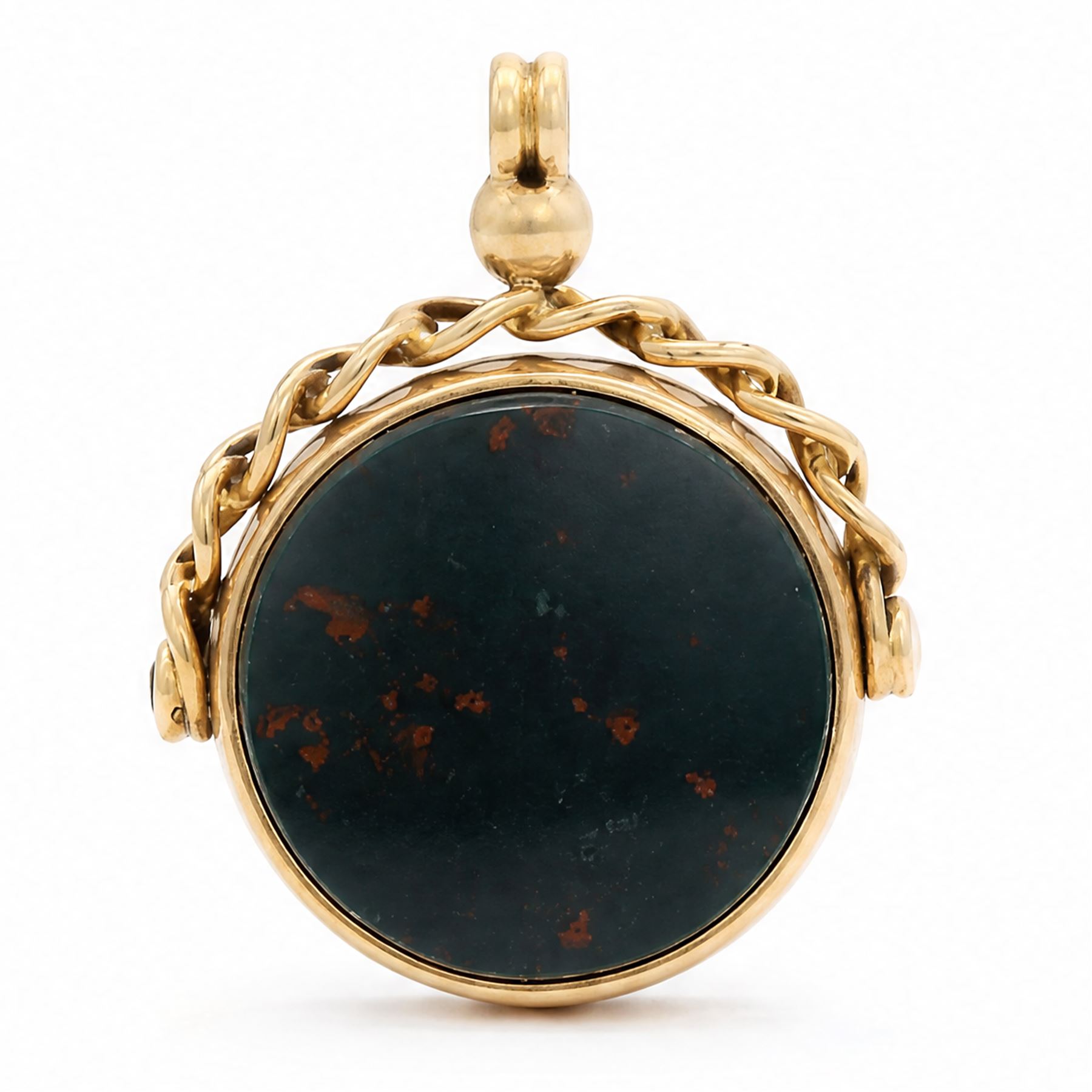 Edwardian 15ct gold agate and bloodstone swivel fob, the agate with dragon intaglio, Chester 1911