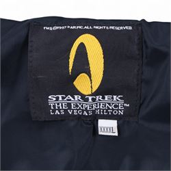 Star Trek The Next Generation 10th anniversary jacket, leather sleeves and collar with embroidered decoration throughout, including 10th anniversary emblem to back, 'Star Trek The Next Generation' to collar, 'Paramount Pictures Stages 8,9 & 16' to front and seven character names to interior, in size XXXXL, purchased in 1990s from Star Trek Experience Las Vegas