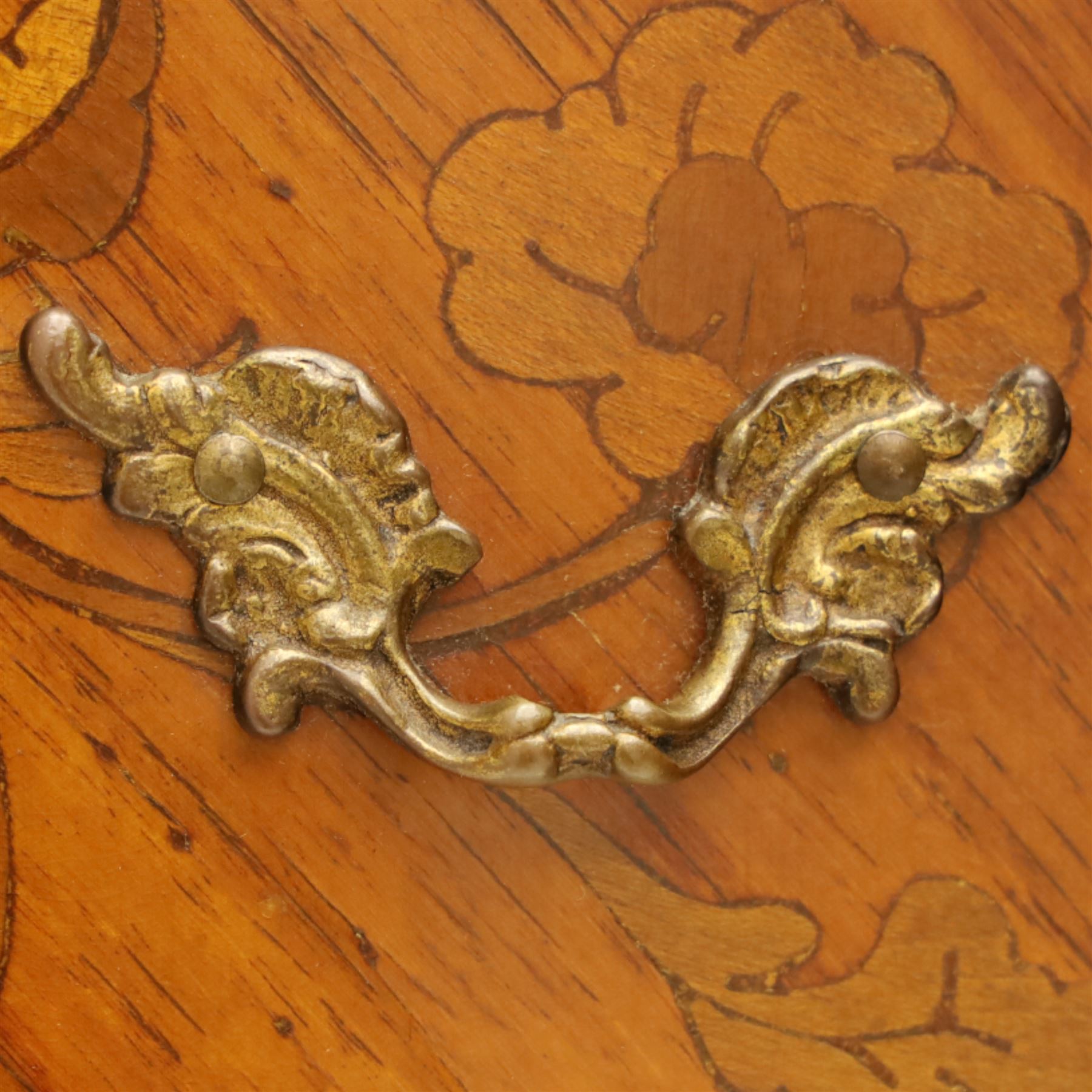 Pair of Louis XV style kingwood and marquetry bedside cabinets, the serpentine sienna marble top above two bombe fronted drawers with rococo style bronze handles and masks on slender cabriole legs terminating in bronze sabots  