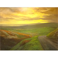  'Snake Pass overlooking Glossop' Derbyshire, oil on board signed and dated '75 by Howard Wood (British 20th century), titled verso with artist's address '24 Hope Street Wakefield' 91cm x 121cm  Provenance: exhibited Derbyshire Open Exhibition, Buxton Art Gallery, label verso  DDS - Artist's resale rights may apply to this lot    