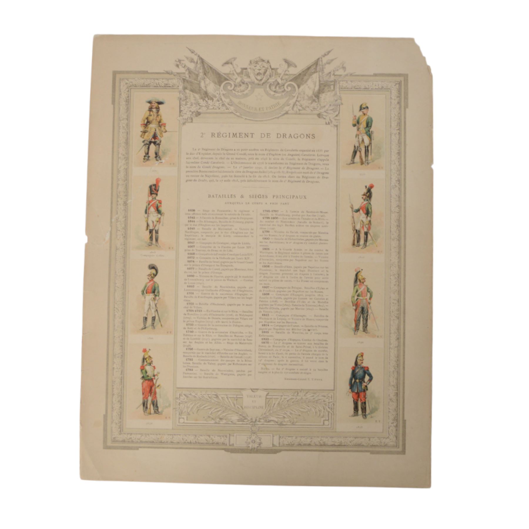 Five coloured French prints of the 4th, 5th, 6th & 13th Cuirassiers through history and the history of the 2nd Regt.de Dragons, H49cm