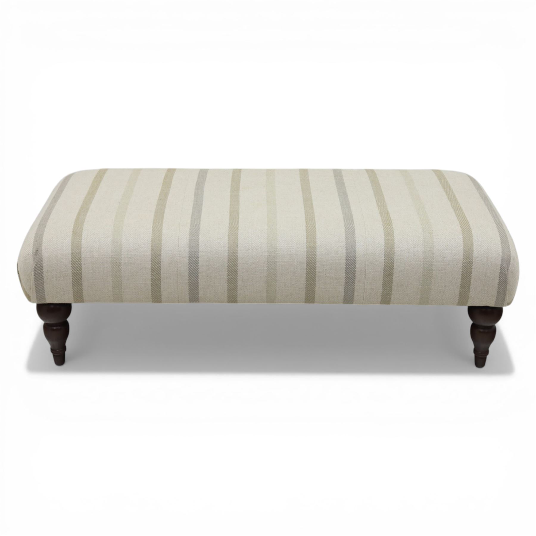Footstool upholstered in striped fabric, with turned dark stained tapered feet