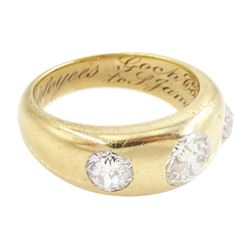 Early 20th century gentleman's gold gypsy set, three stone old cut diamond ring, stamped 18ct, principal diamond approx 1.20 carat, total diamond weight approx 2.50 carat