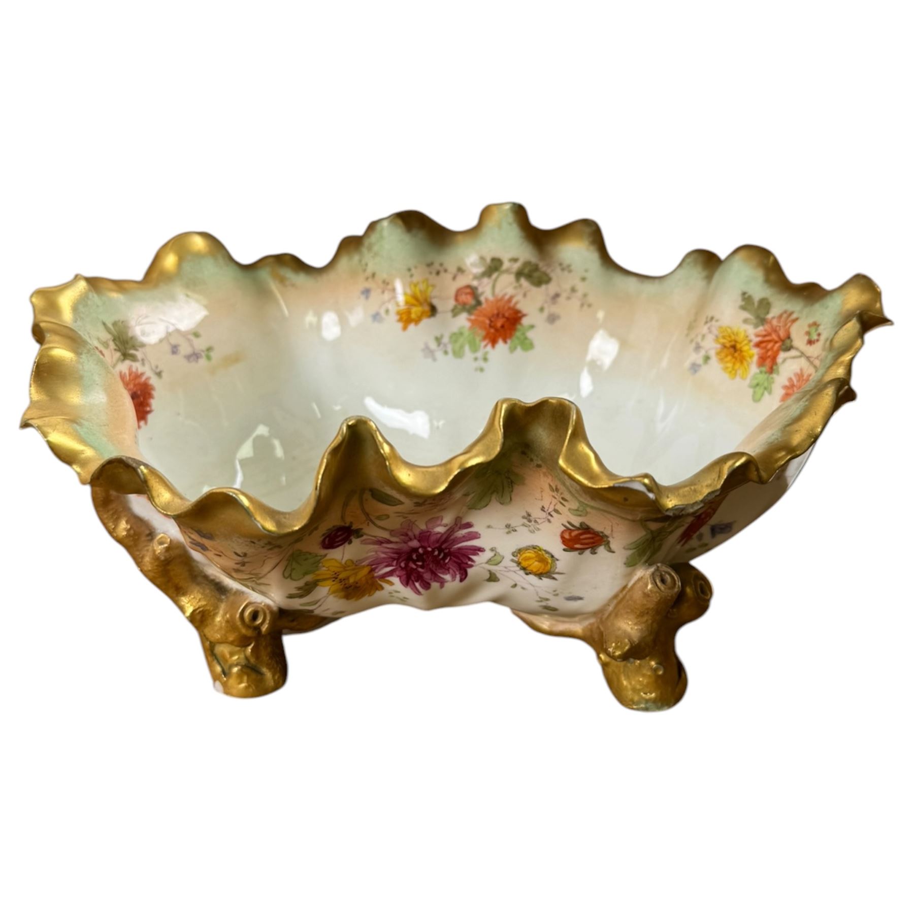 Moore Bros basket, decorated with floral sprigs and gilt detail, together with another basket and glass dish