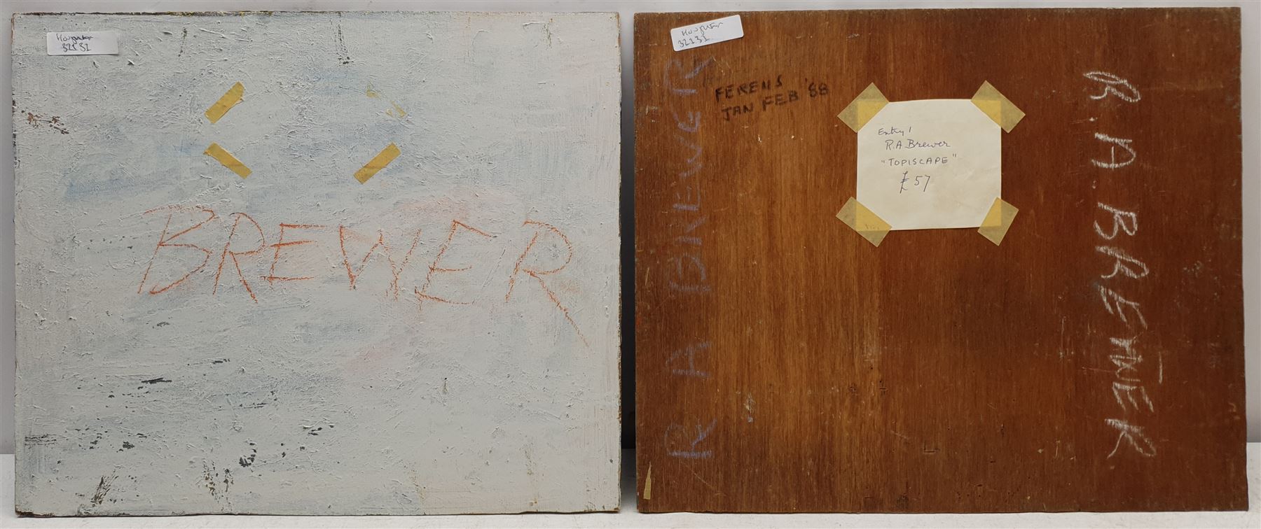 R A Brewer (East Yorkshire fl.1965-1973): Figures Unloading on the Pier beside a Lighthouse, and 'Topiscape' - Landscape with Topiary, two oils on panel signed and dated '88, further signed verso, the latter inscribed 'Ferens Jan Feb '88' verso, 38cm x 46cm (2) 
Notes: three works by Brewer are held in the collection of Beverley Art Gallery