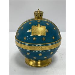 Minton Queen Elizabeth II 1953 Coronation limited edition orb designed by John Wadsworth, the turquoise blue ground decorated with gilt coat of arms and monogrammed ER shield, banding and stars, the lid with gilded crown finial, raised upon circular spreading foot, number 46 out of a limited issue of 50, with printed gilt marks beneath, H14.5cm