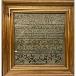 George III sampler, worked by Sarah Simpson, Aged 10, dated 1805, depicting a flowering motif flanked by two figures and flowering urns, beneath rows of alphabet, framed and glazed, overall H34.5cm W34.5cm, together with a later William IV sampler, worked by Frances Miles, dated 1832, depicting rows of alphabet above a flowering vine, framed and glazed, overall H27cm W26.5cm