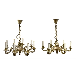Two gilt bronze chandeliers, in the 18th century taste, the first with eight scrolling branches leading to sconces with foliate drip pans, the second of conforming design with six branches, H28cm