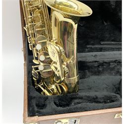 Trevor J. James & Co. 'The Horn' brass alto saxophone, serial no.T04498, H68cm in fitted carrying case