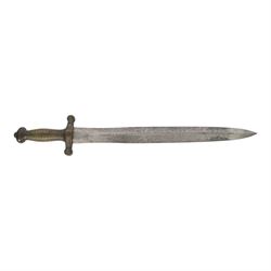 French 1832 Pattern Gladius short sword, the 49cm double edged blade inscribed to the ricasso, cast brass hilt with groove grip and short quillons, brass mounted leather scabbard, scabbard and sword both marked 994, overall L66cm
