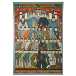 Large and impressive Chinese ancestral portrait, late Qing dynasty, gouache on stitched ca...