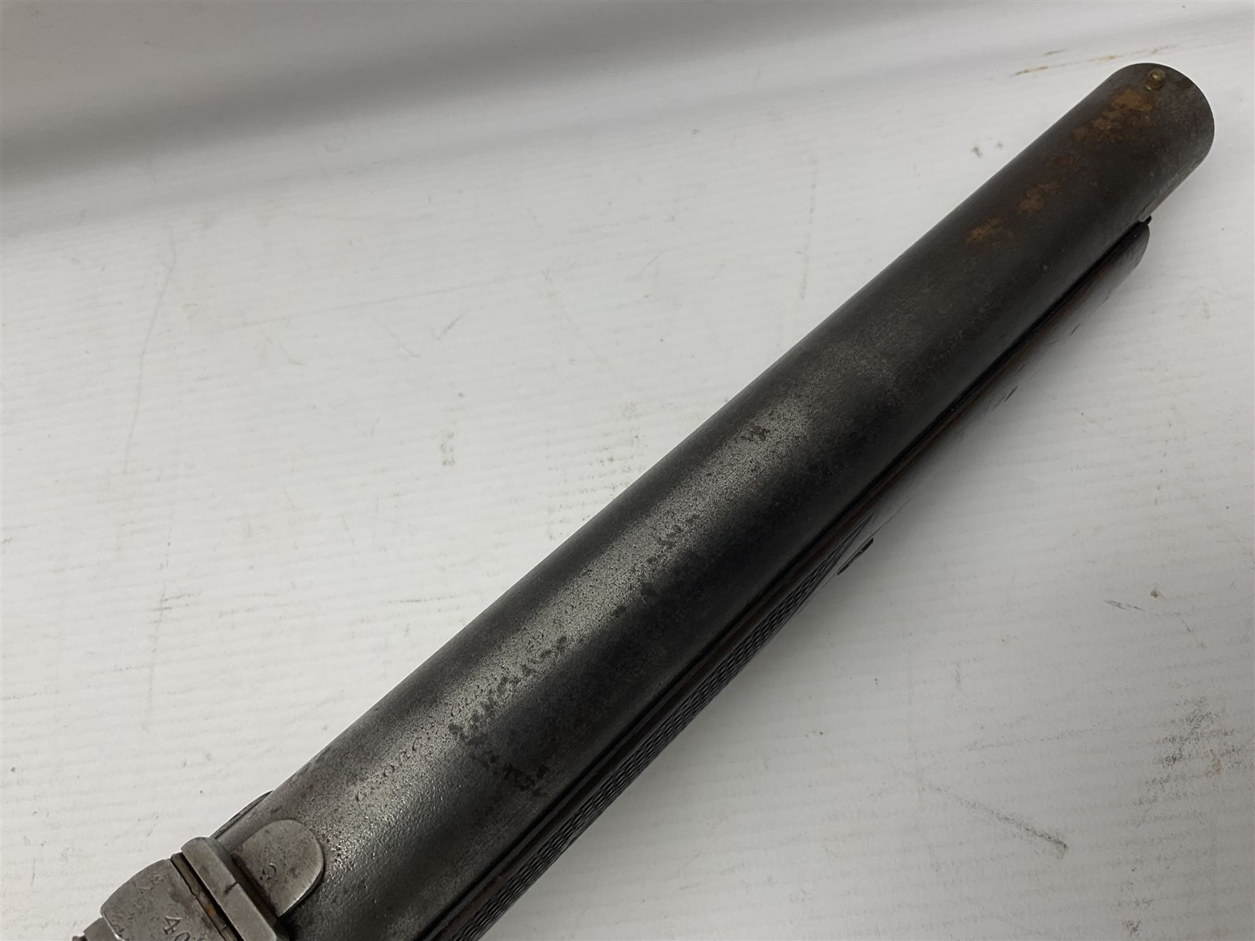 19th century George Gibbs of Bristol .461 cal. muzzle loading percussion match rifle with 28cm cut-down barrel and cut-down stock, Metford type rifling, fitted with additional three folding leaf rear sight to 400yds, back action sight still fitted to tang, maker's name to lock and top of barrel, serial no.439. L46.5cm overall