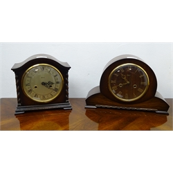  Art Deco mahogany electric grandmother clock H133cm, two Smiths half hour striking oak and walnut cased mantle clocks, H23cm (3)  
