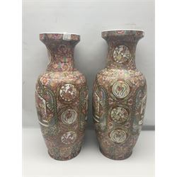 Pair of floor vases, with floral decoration on a pink ground, together with a jug and spelter figure, vases H60cm (4)