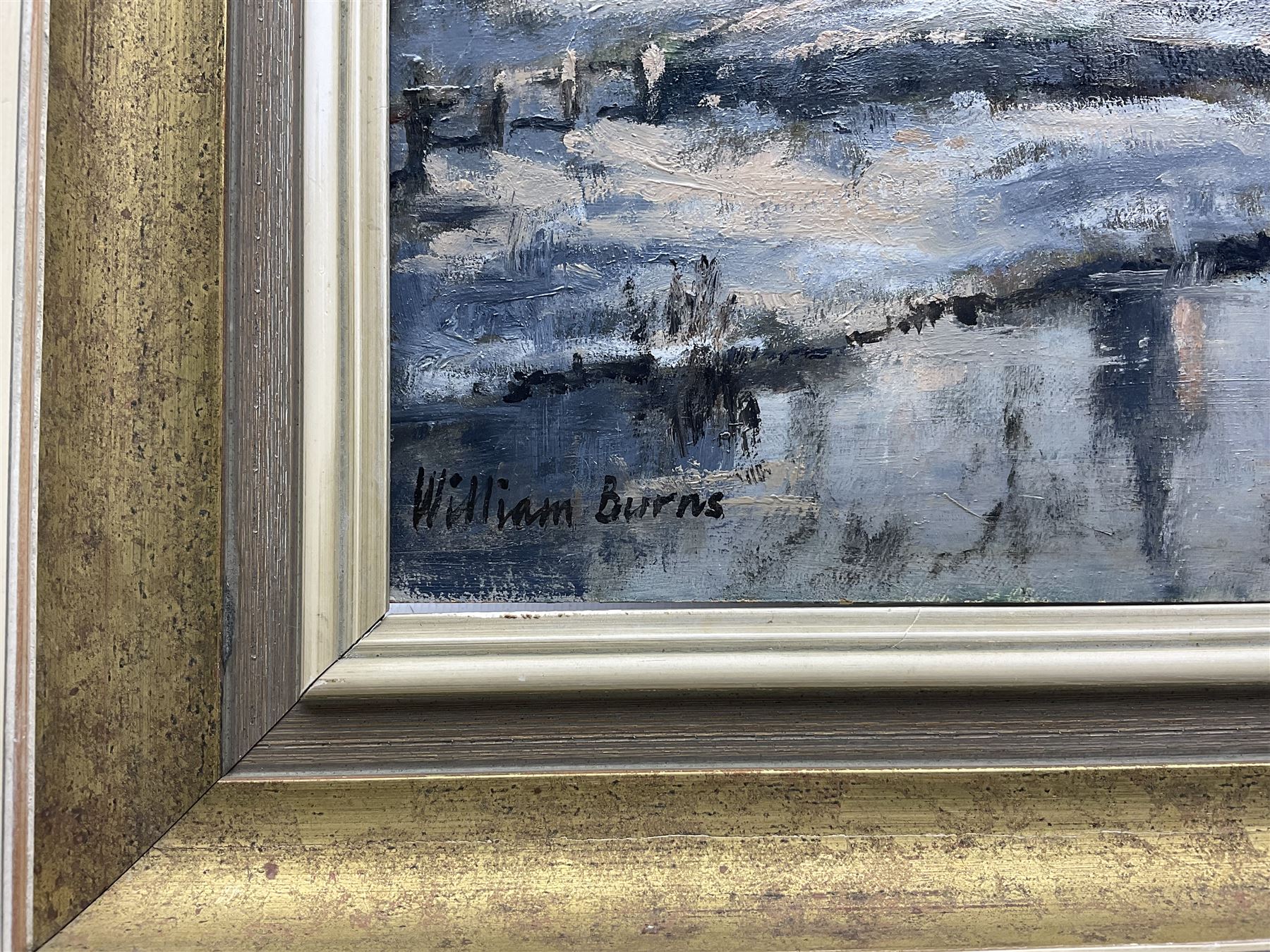 William Burns (Northern British 1923-2010): 'Winter Scene', oil on board signed, titled verso 40cm x 50cm Provenance: Direct from the family of the artist.
Notes: Born in Sheffield in 1923, William Burns RIBA FSAI FRSA studied at the Sheffield College of Art before the outbreak of the Second World War, during which he helped illustrate the official War Diaries for the North Africa Campaign, and was elected a member of the Armed Forces Art Society. On his return, he studied architecture at Sheffield University and later ran his own successful practice, being a member of the Royal Institute of British Architects. However, painting had always been his self-confessed 'first love', and in the 1970s he gave up architecture to become a full-time artist, having his first one-man exhibition in 1979.