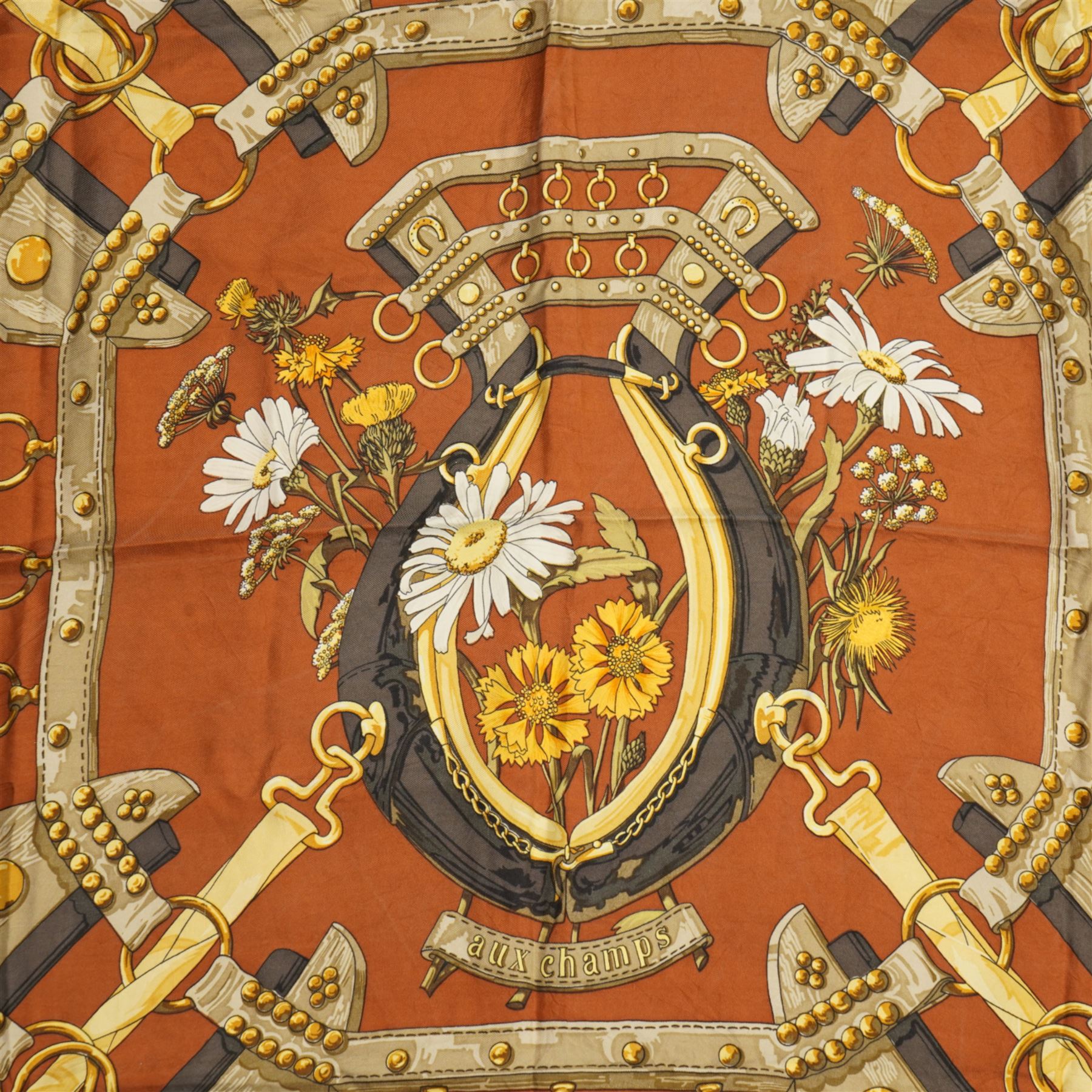 Hermes 'Aux Champs' silk scarf, in ochre and gold colourway, designed by Cathy Latham, 84cm x 86cm 