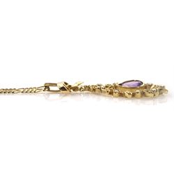 Gold pear shaped amethyst and pearl pendant, with bow decoration, on gold Figaro link necklace, both hallmarked 9ct