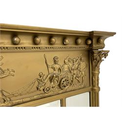 19th century gilt wood and gesso overmantel mirror, stepped and moulded globular cornice over frieze decorated in relief with classical Roman chariot scene, three bevelled plates flanked by lobed half pilasters with scrolled acanthus leaf capitals