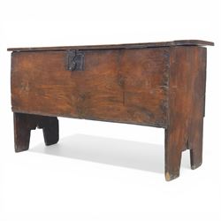 18th century oak coffer, with patinaed plank top, with iron strap hinges and latch 