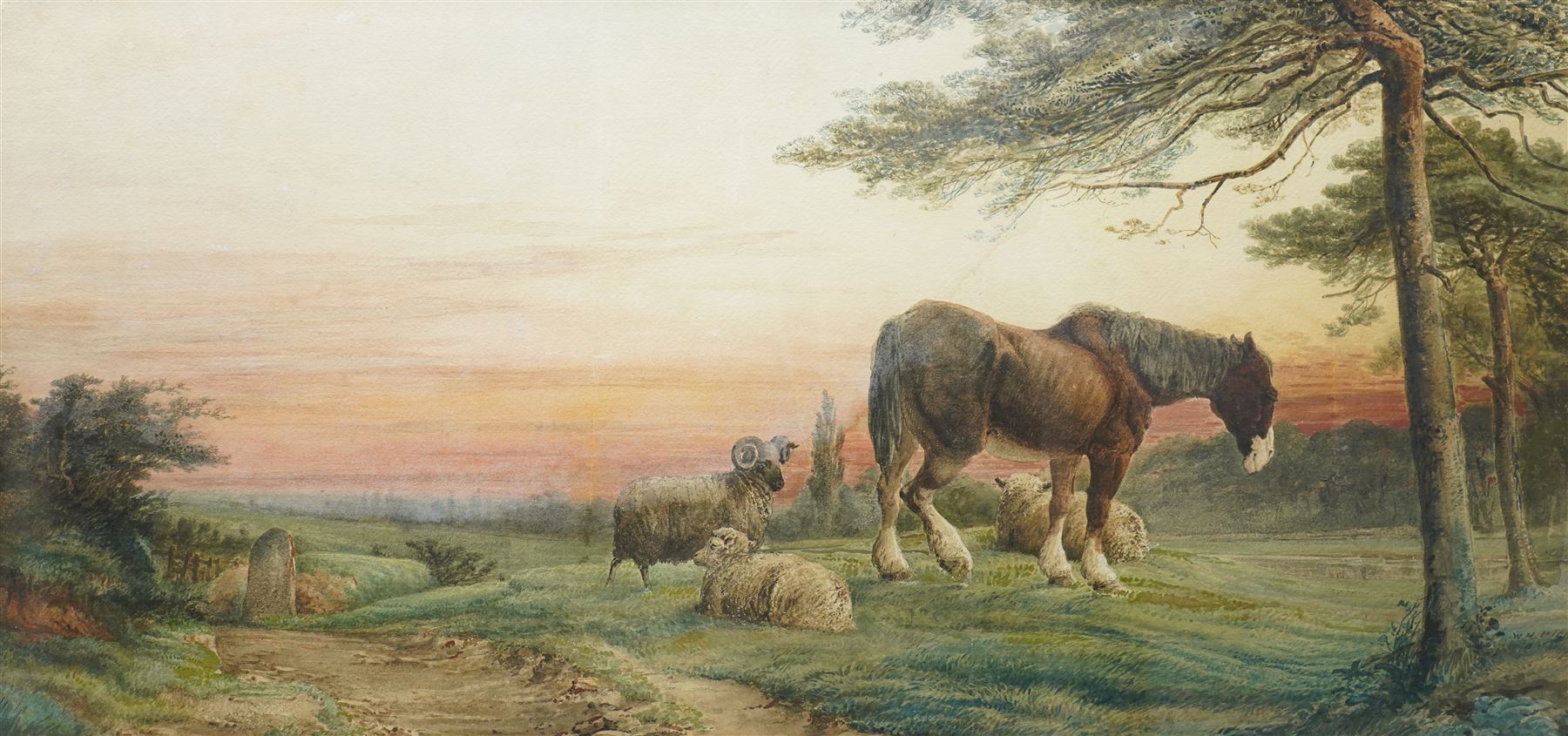 William Henry Pigott (British 1810-1901): Horse Grazing with Seated Sheep, watercolour signed 41cm x 85cm