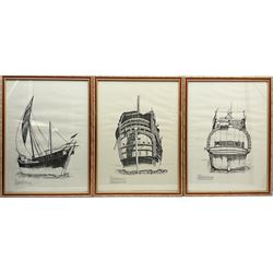 After Fahad MA Al-Hinai (Arabian 20th century): 'The Ghanjah' 'Sambuk' and 'Boom', set three prints of Arabian ships 67cm x 59cm (3)