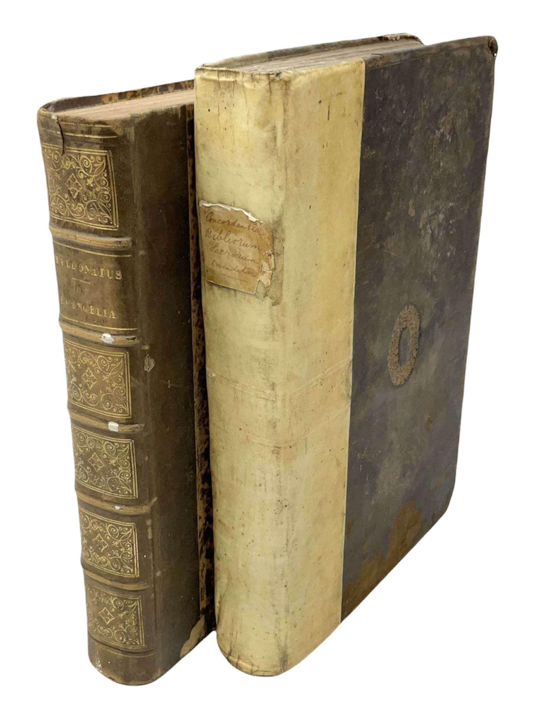 Ioanis Maldonati Sapharensis Societatis Jesu Theologi Commentarii In Quator Evangelistas .... Editio Postrema .... 1629 Paris Petri Billaine. Folio with later quarter leather binding; and Sacrorum Bibliorum Vulgatae Editionis Concordantiae Ad Recognitionem Iussu Sixti V. Pont. Max..... 1642 Antwerp. Folio quarter vellum with leather boards (2)