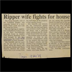 Signed Correspondence from Peter Sutcliffe (The Yorkshire Ripper) Concerning Bankruptcy and Victim Compensation, a collection of five signed letters from convicted serial killer Peter William Sutcliffe to his trustee in bankruptcy, relating to court-ordered compensation to his victims.
Notes: Comprising two typed and two handwritten letters from January–February 1988, signed “P. Wm. Sutcliffe,” discussing his bankruptcy discharge and expressing resentment over financial penalties. Includes a Times newspaper clipping (18 December 1986) on the related legal dispute involving Sutcliffe’s wife, Sonia, and the attempted forced sale of their home.
Addressed to Mr Roy Garthwaite, the appointed trustee in Sutcliffe’s bankruptcy. Written from Broadmoor Hospital, where Sutcliffe was held following his conviction for murdering 13 women and attempting to murder 7 others between 1975 and 1980.

Provenance: Consigned by the family of Roy Garthwaite. All documents are original; the typed letters are signed by Sutcliffe.
