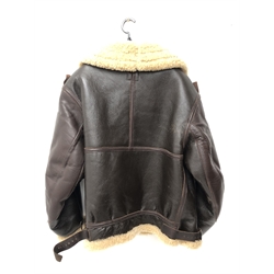  US Air Force style brown leather sheepskin lined flying type jacket size 40, labelled Type B-3 DWG No.33H5595, Order No.43-13616-AF Property Air Force US Army, Eastman Leather Clothing, marked Army Air Force, twin buckle neck collar and single pocket, Talon metal zip,   