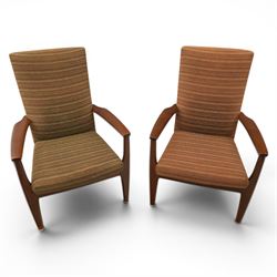 Parker Knoll - 'PK 988' open armchair, with teak frame, upholstered in a striped fabric, r...