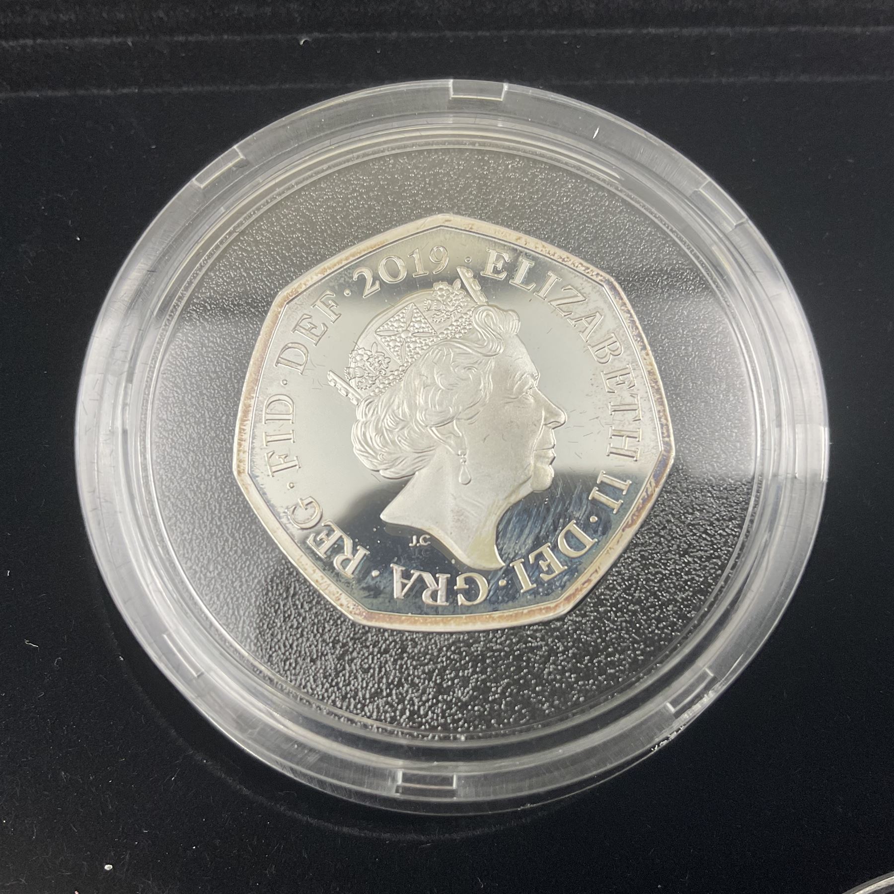 The Royal Mint United Kingdom 2019 'Celebrating 50 Years of the 50p' silver proof piedfort coin set, cased with certificate